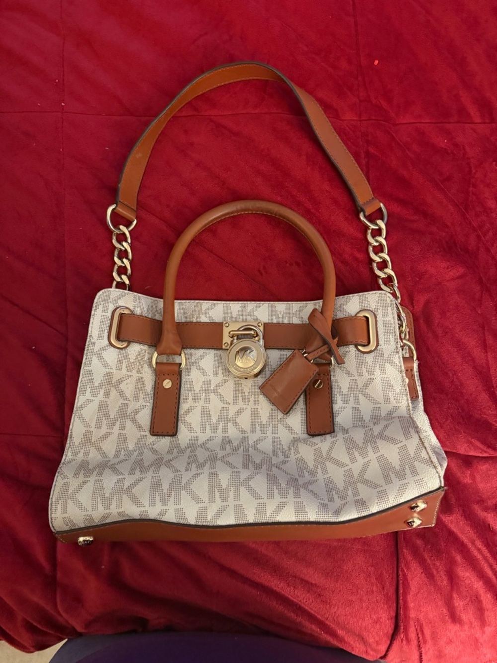 Michael Kors Hamilton Tote Cream & Tan Logo leather Satchel with Gold Hardware
